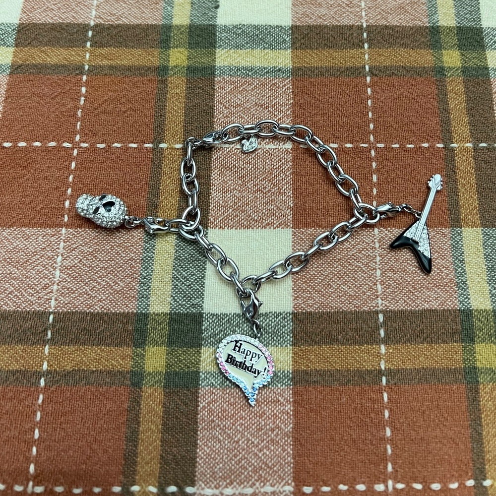 Swarovski Silver Charm Bracelet with Guitar, Skull and Happy Birthday Charms